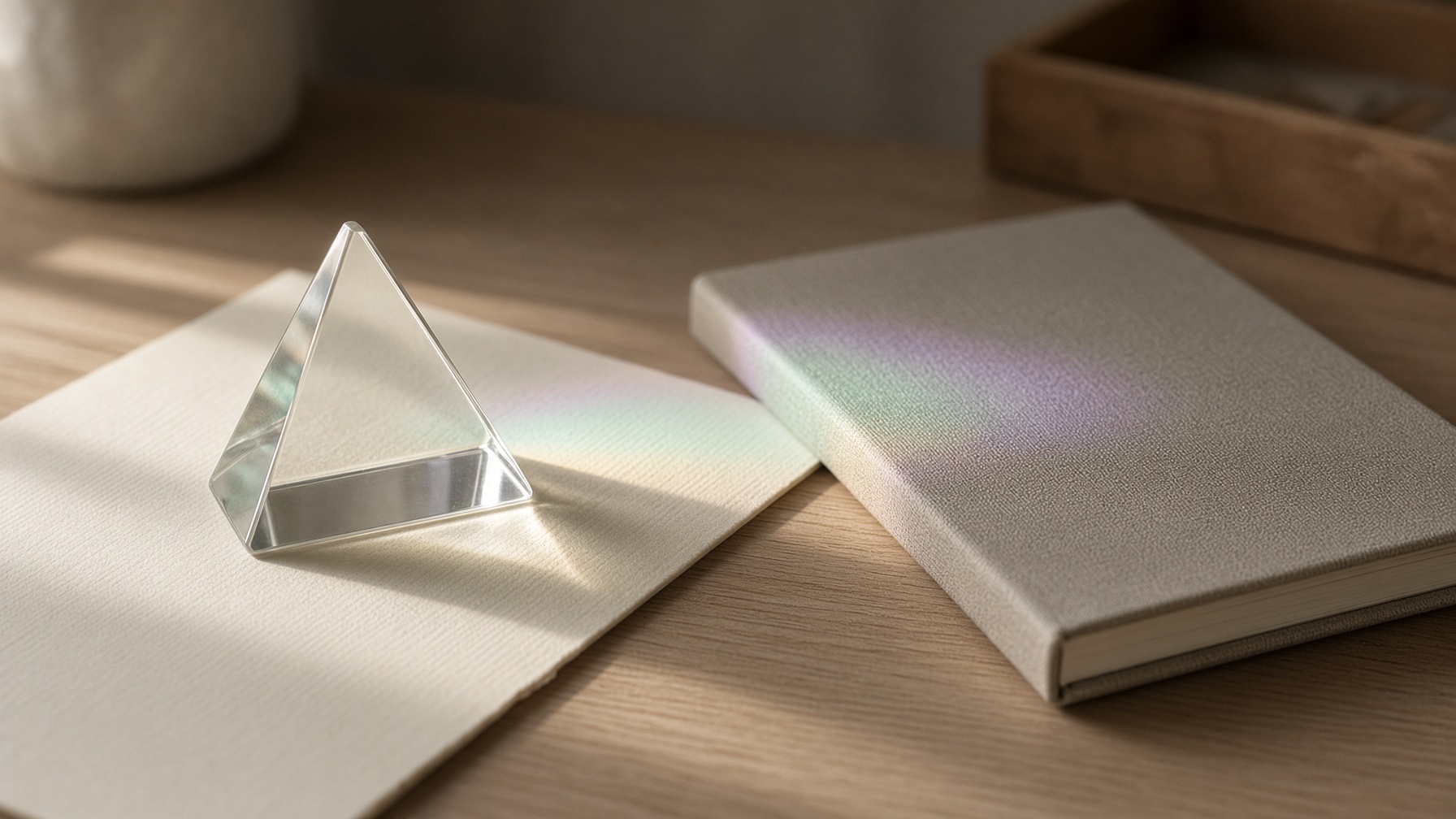 A glass prism on a desk casting a faint wash of color across paper