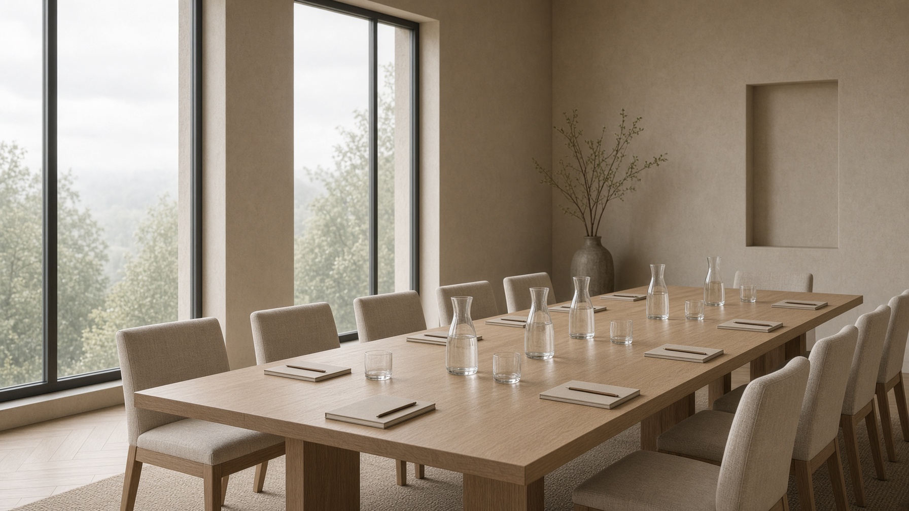 An empty seminar room with a long oak table and daylight